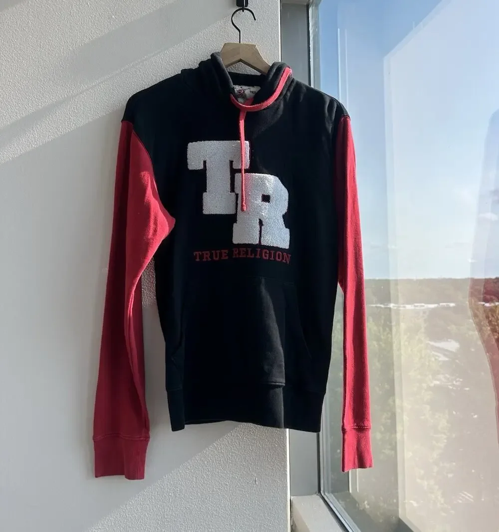 True Religion Black Red Y2K Fleece Pullover Hoodie Streetwear Pockets Men's M